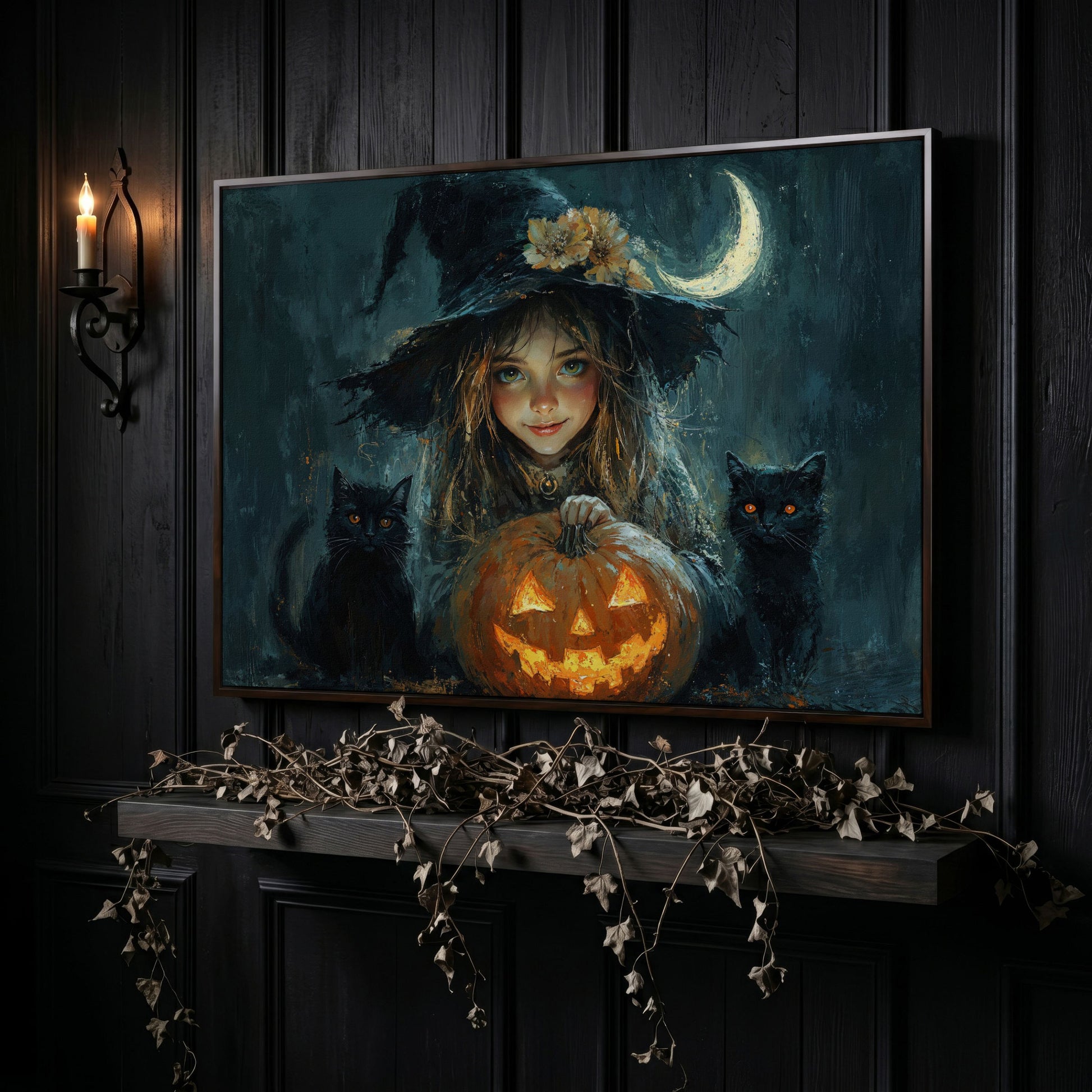Cute Witch with Black Cats Halloween Canvas in dark walnut floating frame