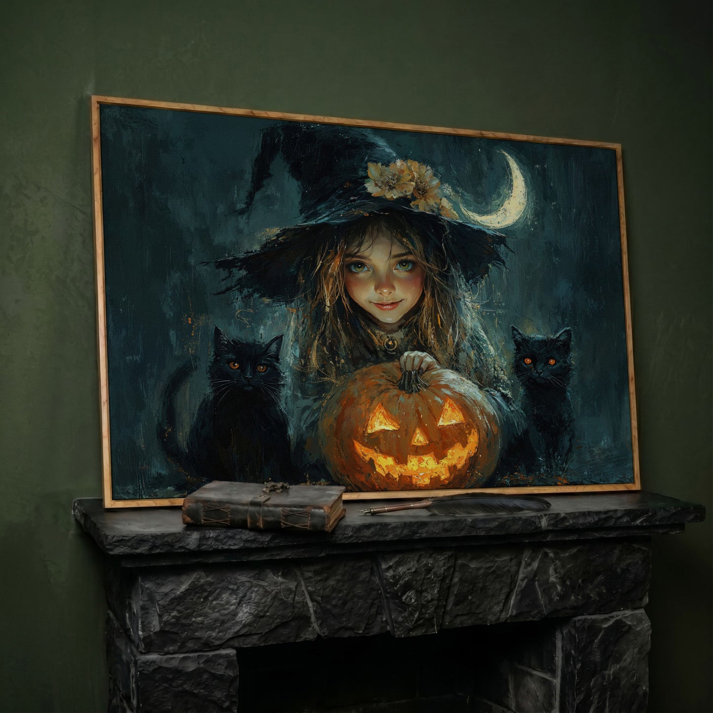 Cute Witch with Black Cats Halloween Canvas in white oak floating frame