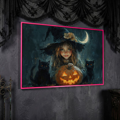 Cute Witch with Black Cats Halloween Canvas in pink floating frame