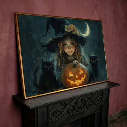 Cute Witch with Black Cats Halloween Canvas in rose gold floating frame