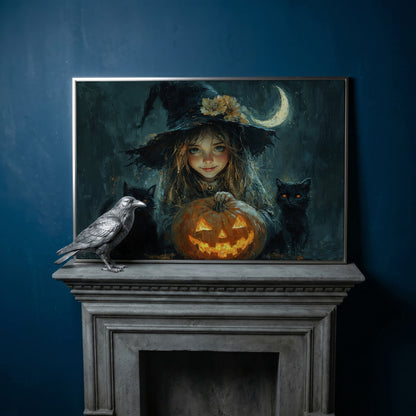 Cute Witch with Black Cats Halloween Canvas in silver floating frame