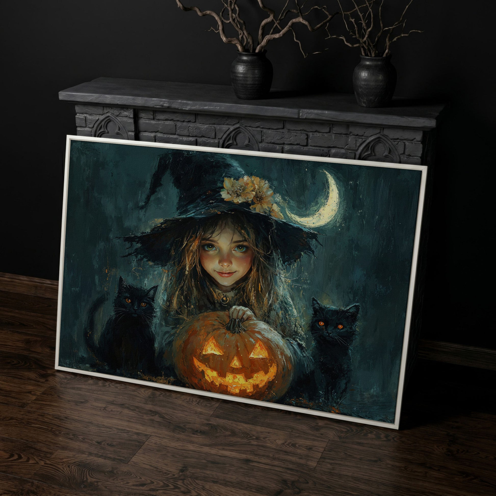 Cute Witch with Black Cats Halloween Canvas in white floating frame