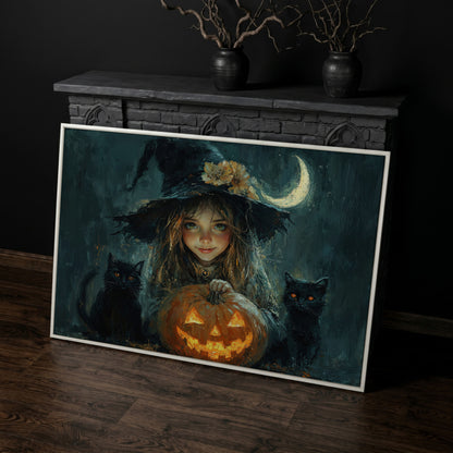 Cute Witch with Black Cats Halloween Canvas in white floating frame