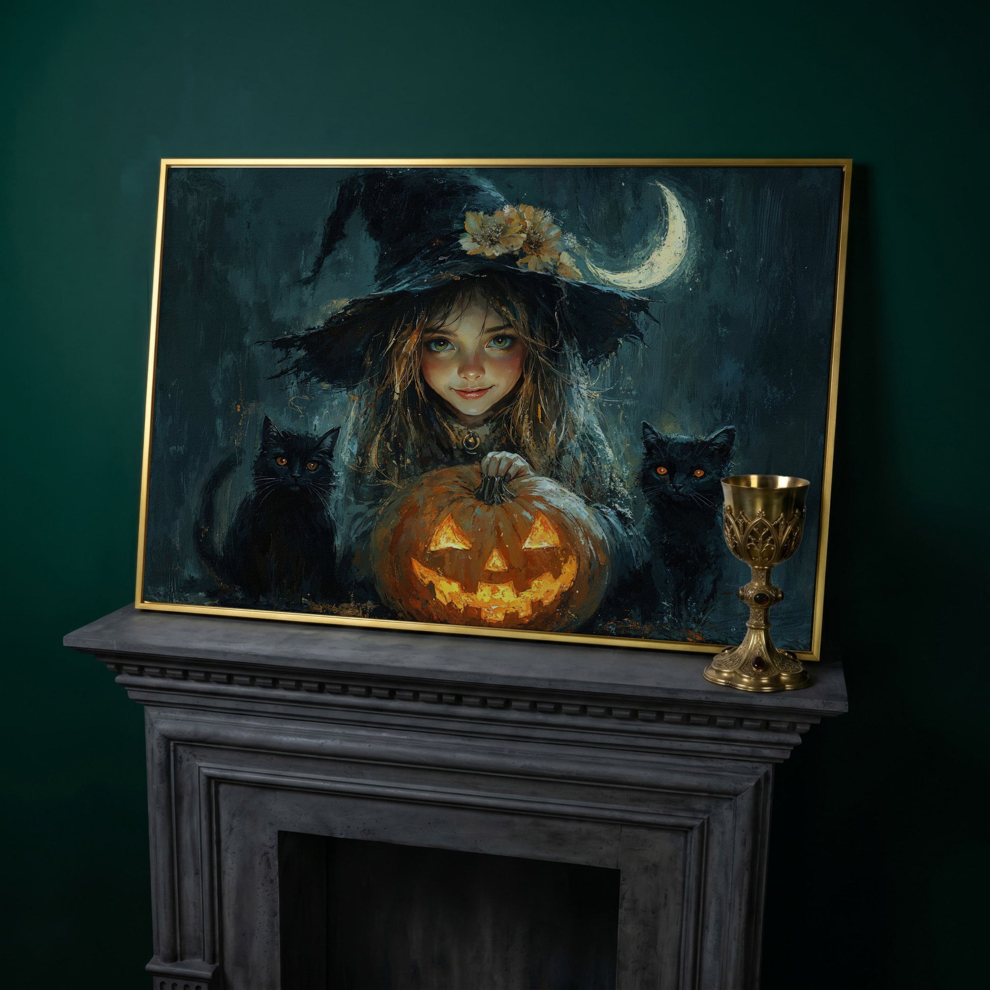 Cute Witch with Black Cats Halloween Canvas in yellow gold floating frame