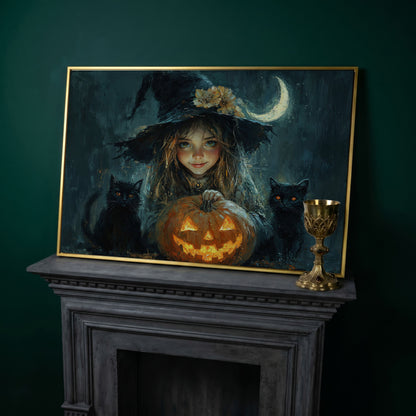 Cute Witch with Black Cats Halloween Canvas in yellow gold floating frame