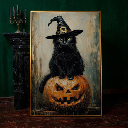 Black Cat in Witch Hat on a Jack-o'-Lantern Canvas Art in antique gold floating frame