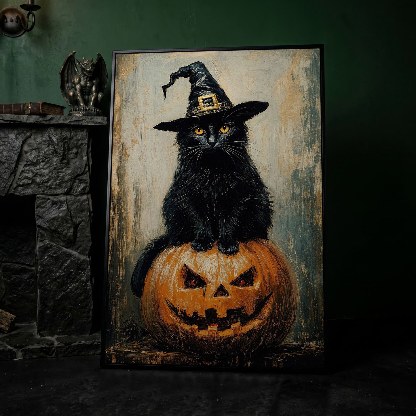 Black Cat in Witch Hat on a Jack-o'-Lantern Canvas Art in black floating frame
