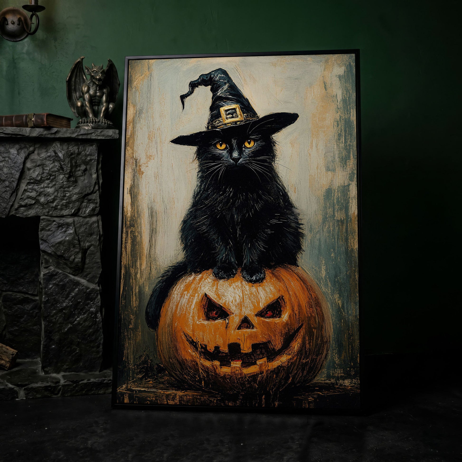 Black Cat in Witch Hat on a Jack-o'-Lantern Canvas Art in black floating frame