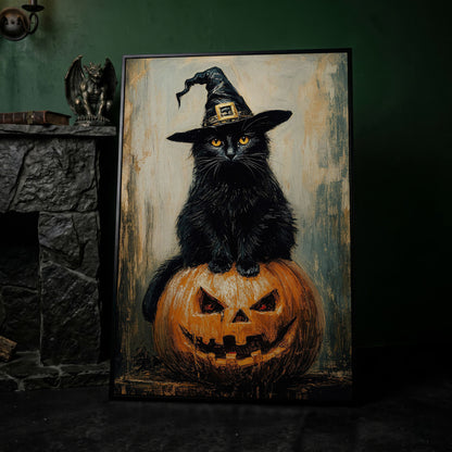 Black Cat in Witch Hat on a Jack-o'-Lantern Canvas Art in black floating frame