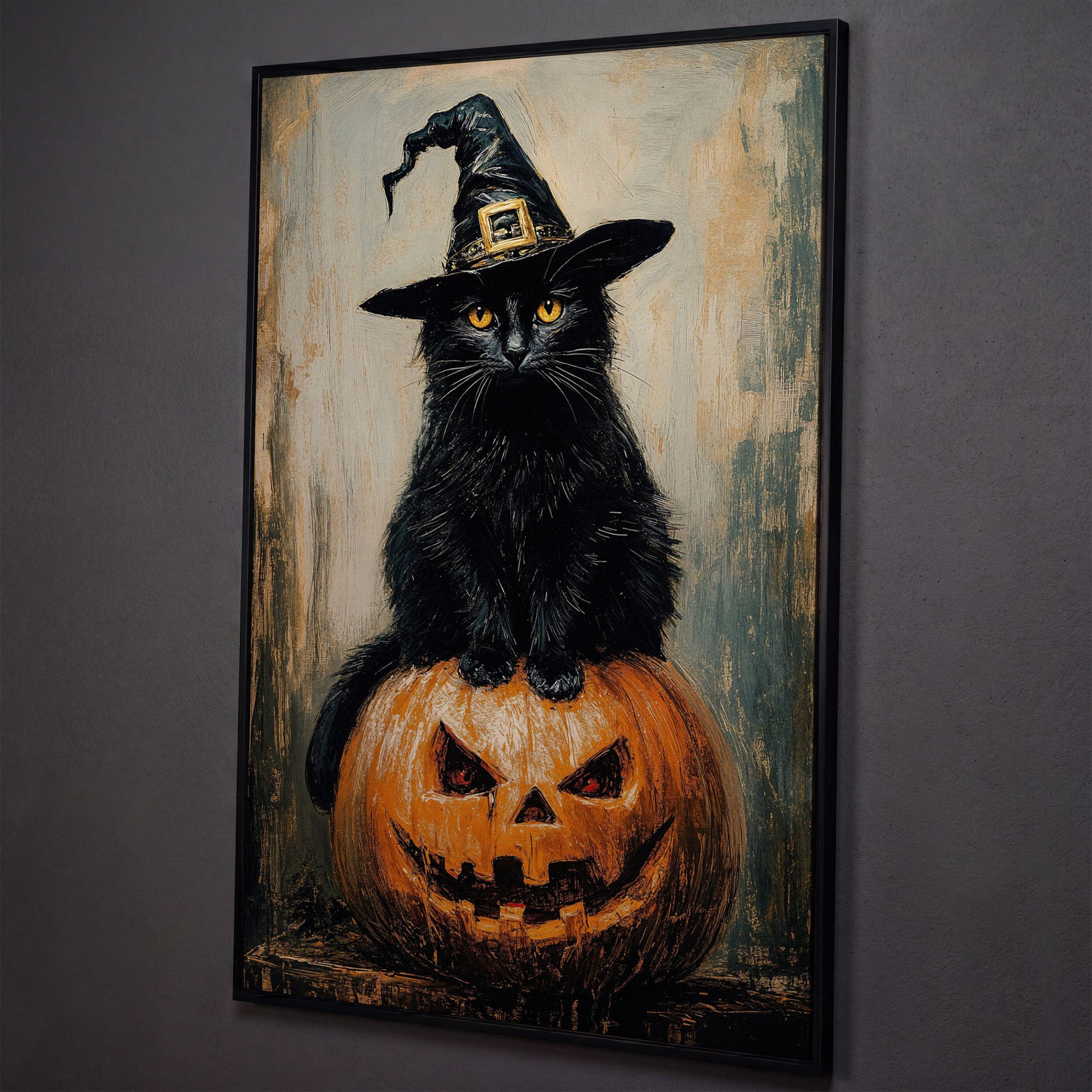 Black Cat in Witch Hat on a Jack-o'-Lantern Canvas Art shown in black floating frame