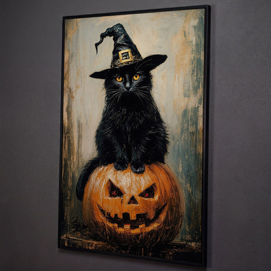 Black Cat in Witch Hat on a Jack-o'-Lantern Canvas Art shown in black floating frame