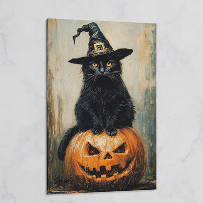 Black Cat in Witch Hat on a Jack-o'-Lantern Canvas Art on gallery wrap