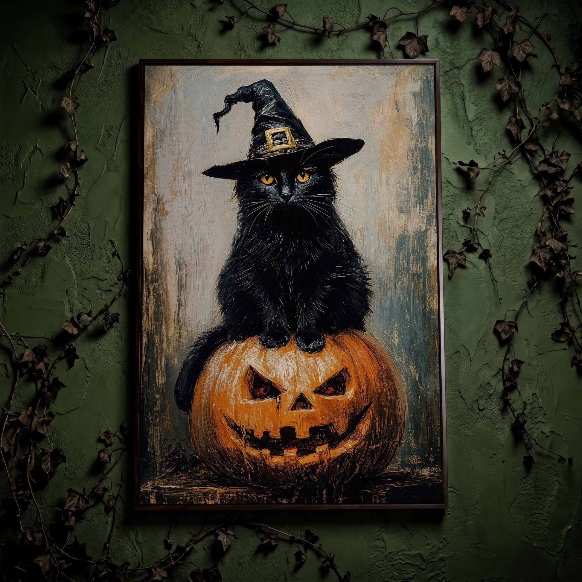 Black Cat in Witch Hat on a Jack-o'-Lantern Canvas Art in dark walnut floating frame