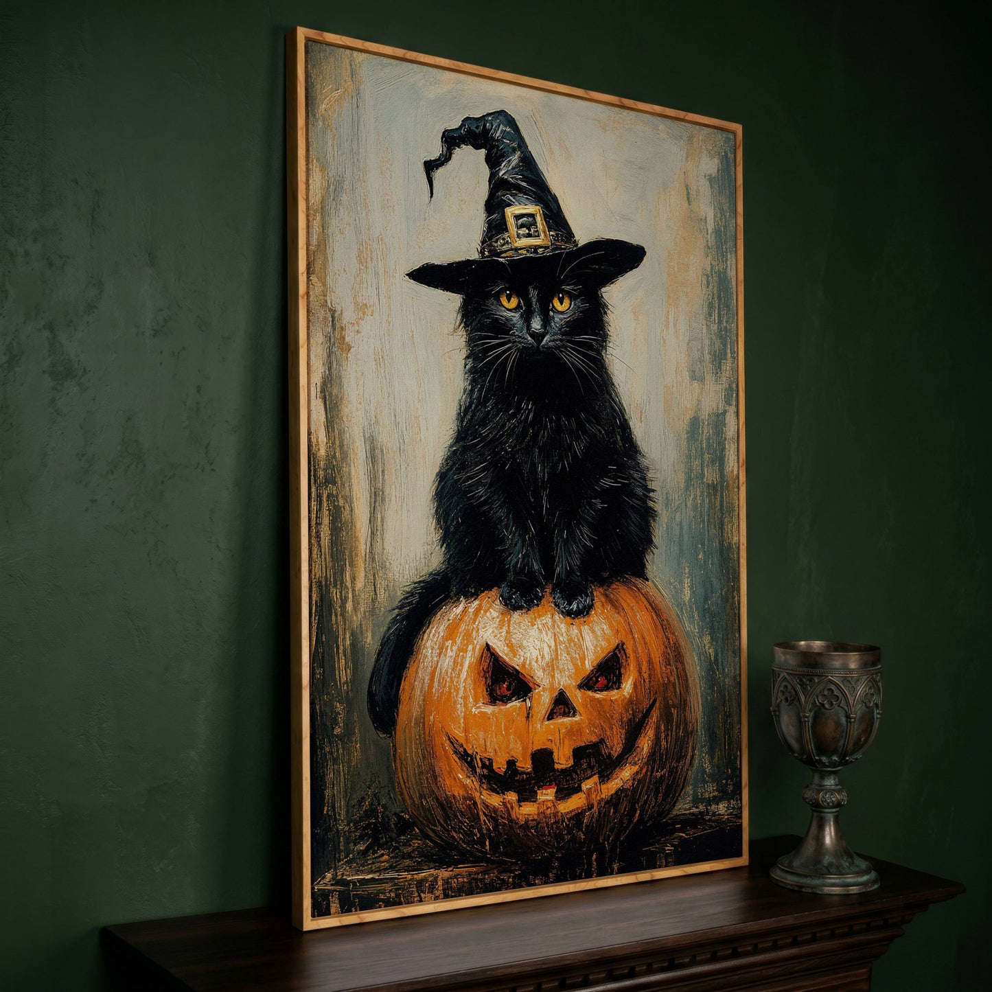 Black Cat in Witch Hat on a Jack-o'-Lantern Canvas Art in white oak floating frame