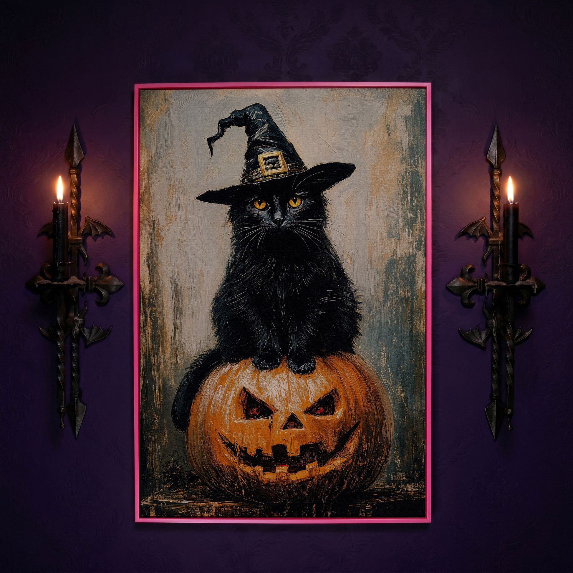 Black Cat in Witch Hat on a Jack-o'-Lantern Canvas Art in pink floating frame