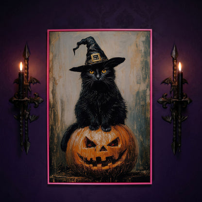 Black Cat in Witch Hat on a Jack-o'-Lantern Canvas Art in pink floating frame