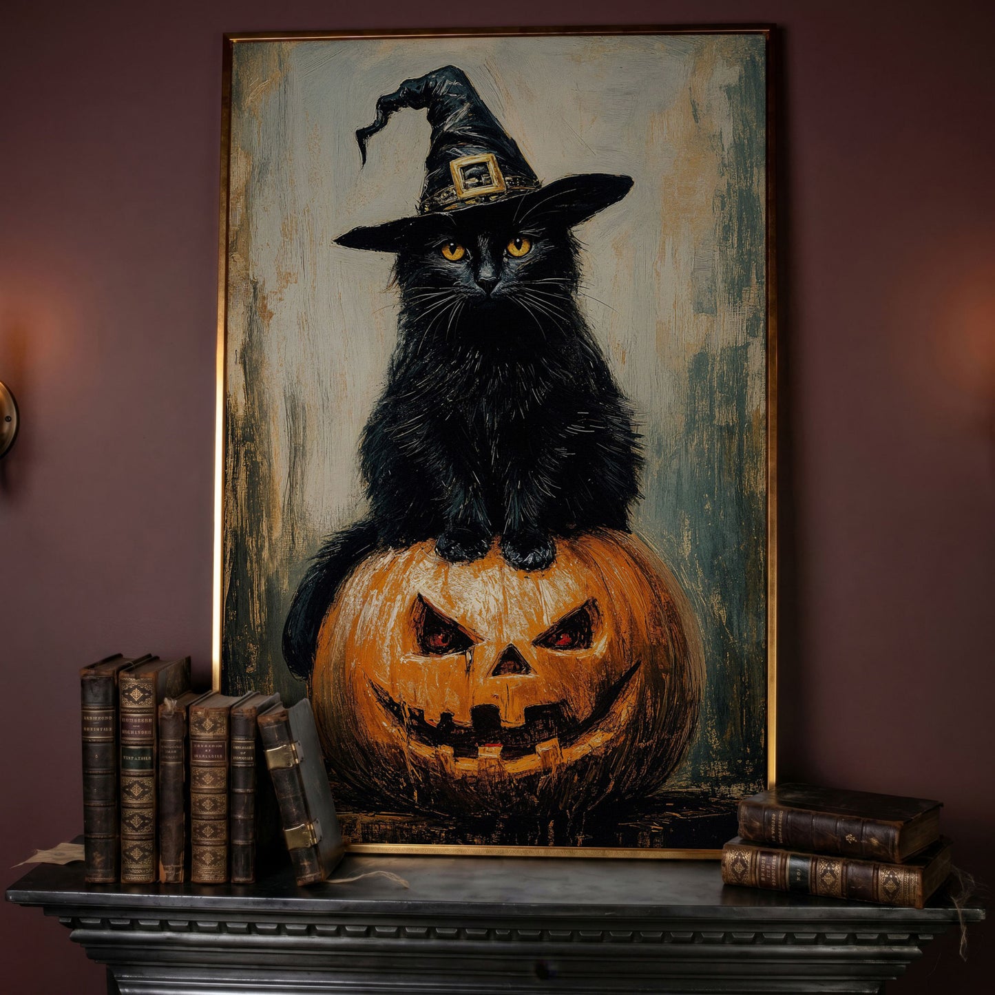 Black Cat in Witch Hat on a Jack-o'-Lantern Canvas Art in rose gold floating frame