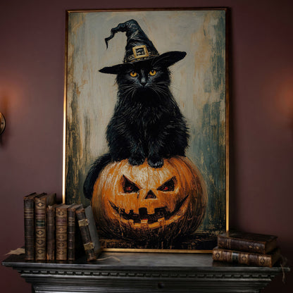 Black Cat in Witch Hat on a Jack-o'-Lantern Canvas Art in rose gold floating frame