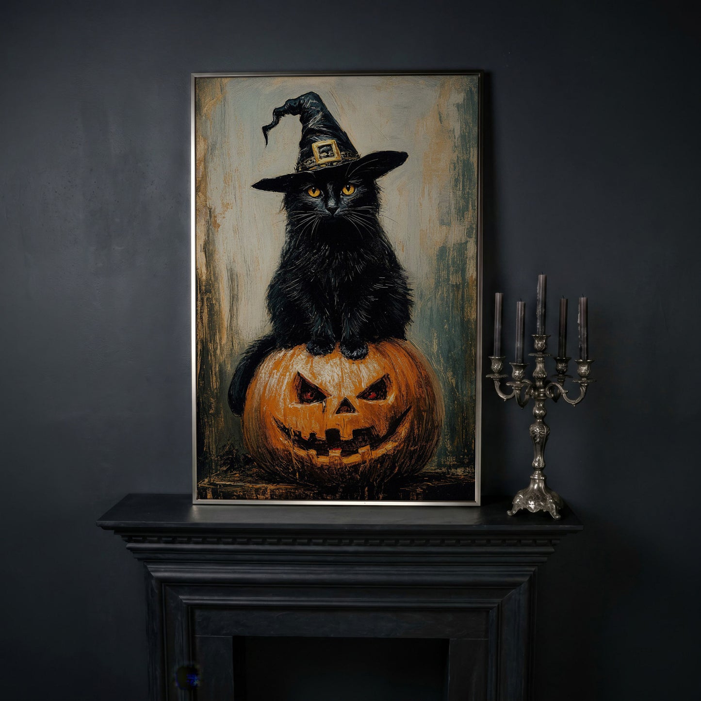 Black Cat in Witch Hat on a Jack-o'-Lantern Canvas Art in silver floating frame