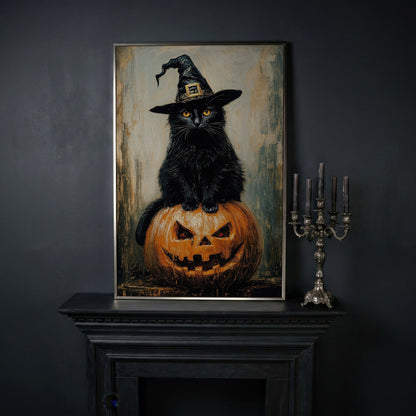Black Cat in Witch Hat on a Jack-o'-Lantern Canvas Art in silver floating frame