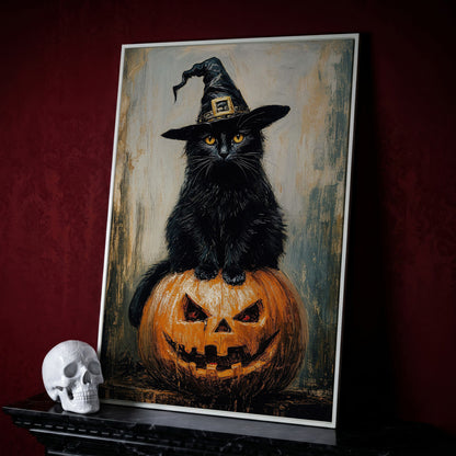 Black Cat in Witch Hat on a Jack-o'-Lantern Canvas Art in white floating frame
