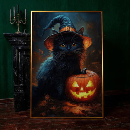 Black Cat in Witch Hat with Jack-o'-Lantern Canvas Art in antique gold floating frame