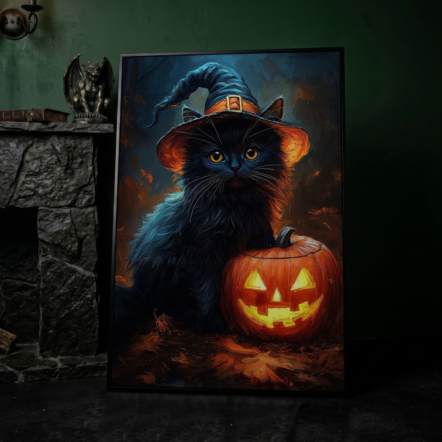 Black Cat in Witch Hat with Jack-o'-Lantern Canvas Art in black floating frame