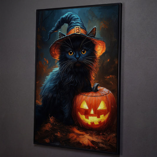 Black Cat in Witch Hat with Jack-o'-Lantern Canvas Art shown in black floating frame
