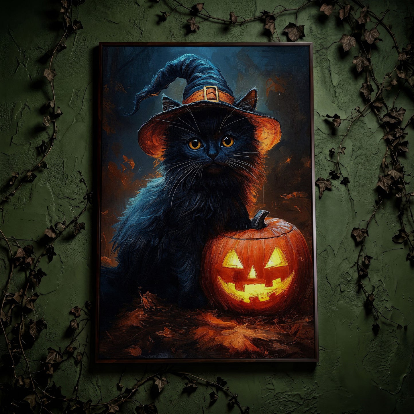 Black Cat in Witch Hat with Jack-o'-Lantern Canvas Art in dark walnut floating frame