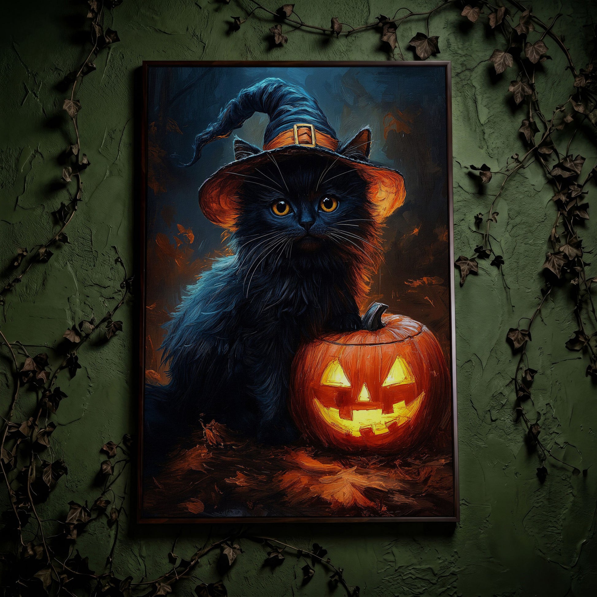 Black Cat in Witch Hat with Jack-o'-Lantern Canvas Art in dark walnut floating frame