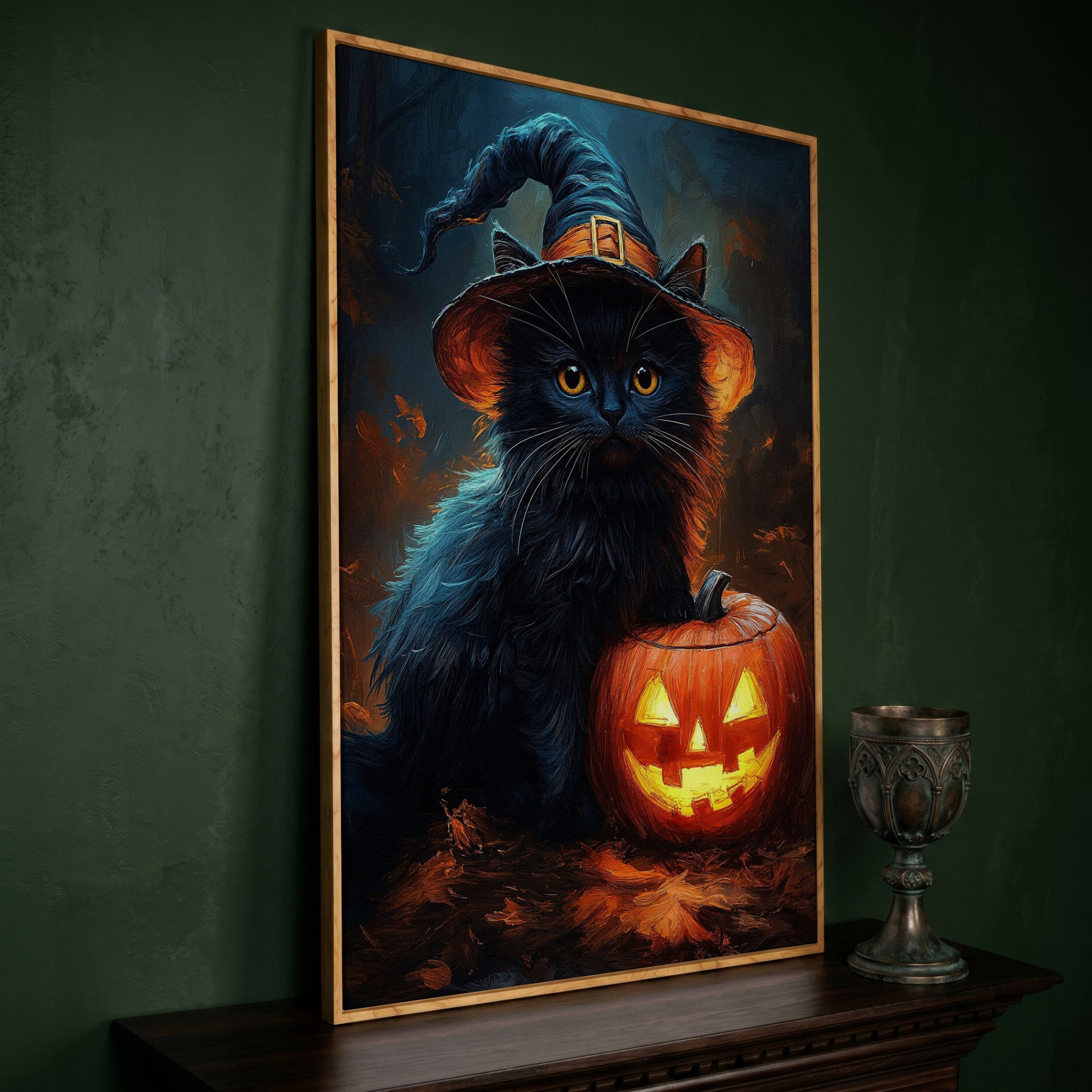 Black Cat in Witch Hat with Jack-o'-Lantern Canvas Art in white oak floating frame
