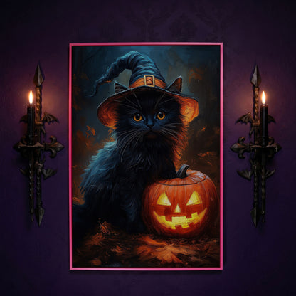 Black Cat in Witch Hat with Jack-o'-Lantern Canvas Art in pink floating frame