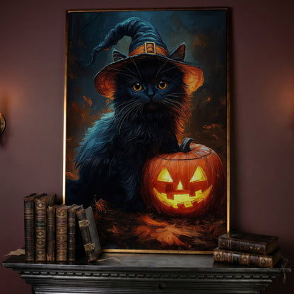 Black Cat in Witch Hat with Jack-o'-Lantern Canvas Art in rose gold floating frame