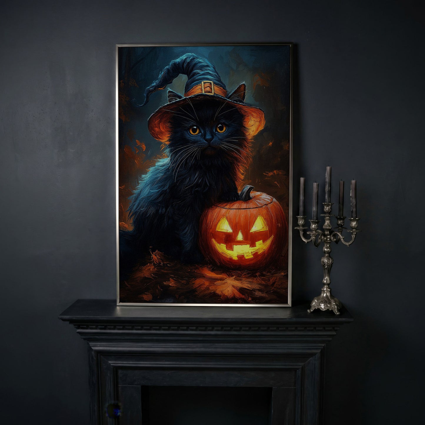 Black Cat in Witch Hat with Jack-o'-Lantern Canvas Art in silver floating frame