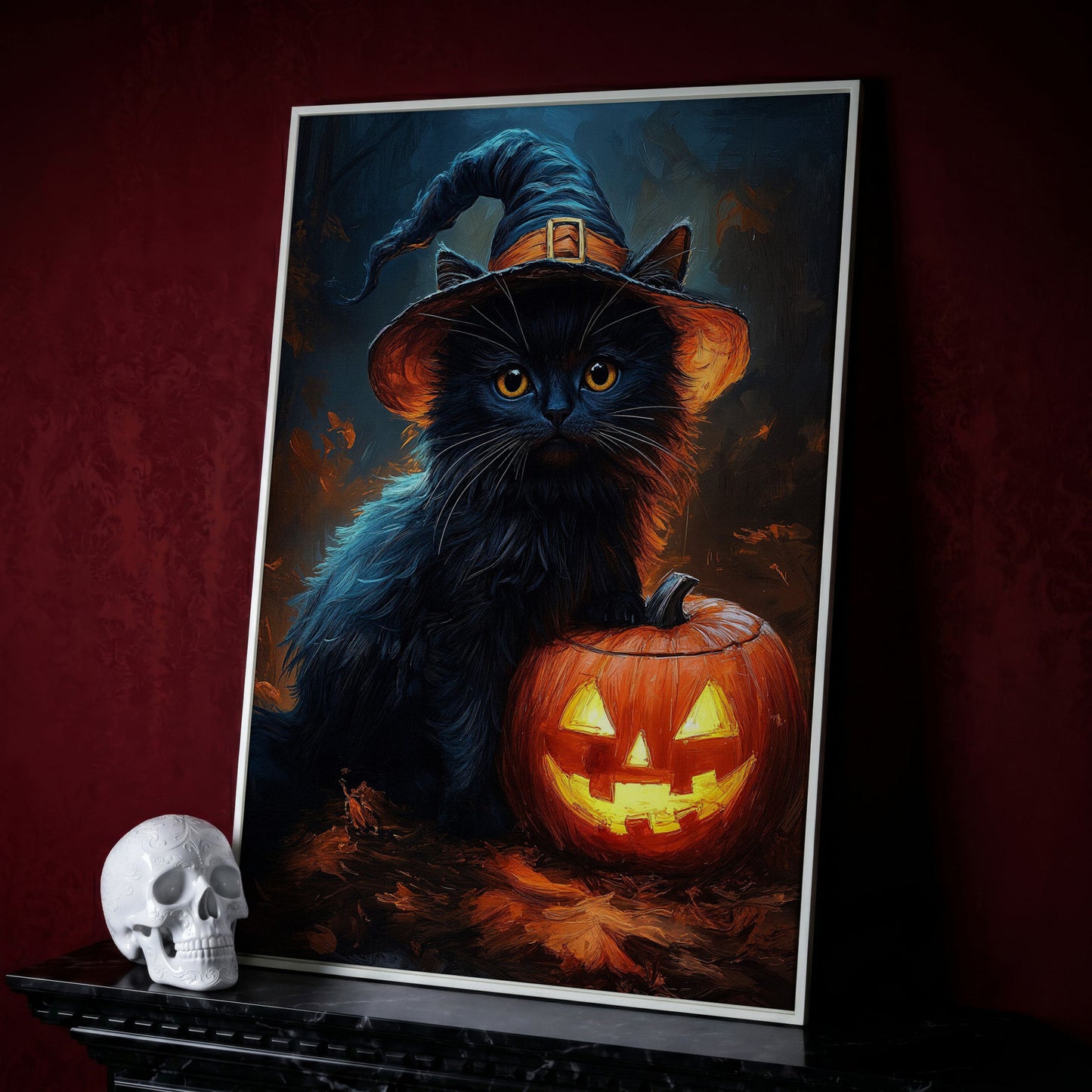 Black Cat in Witch Hat with Jack-o'-Lantern Canvas Art in white floating frame