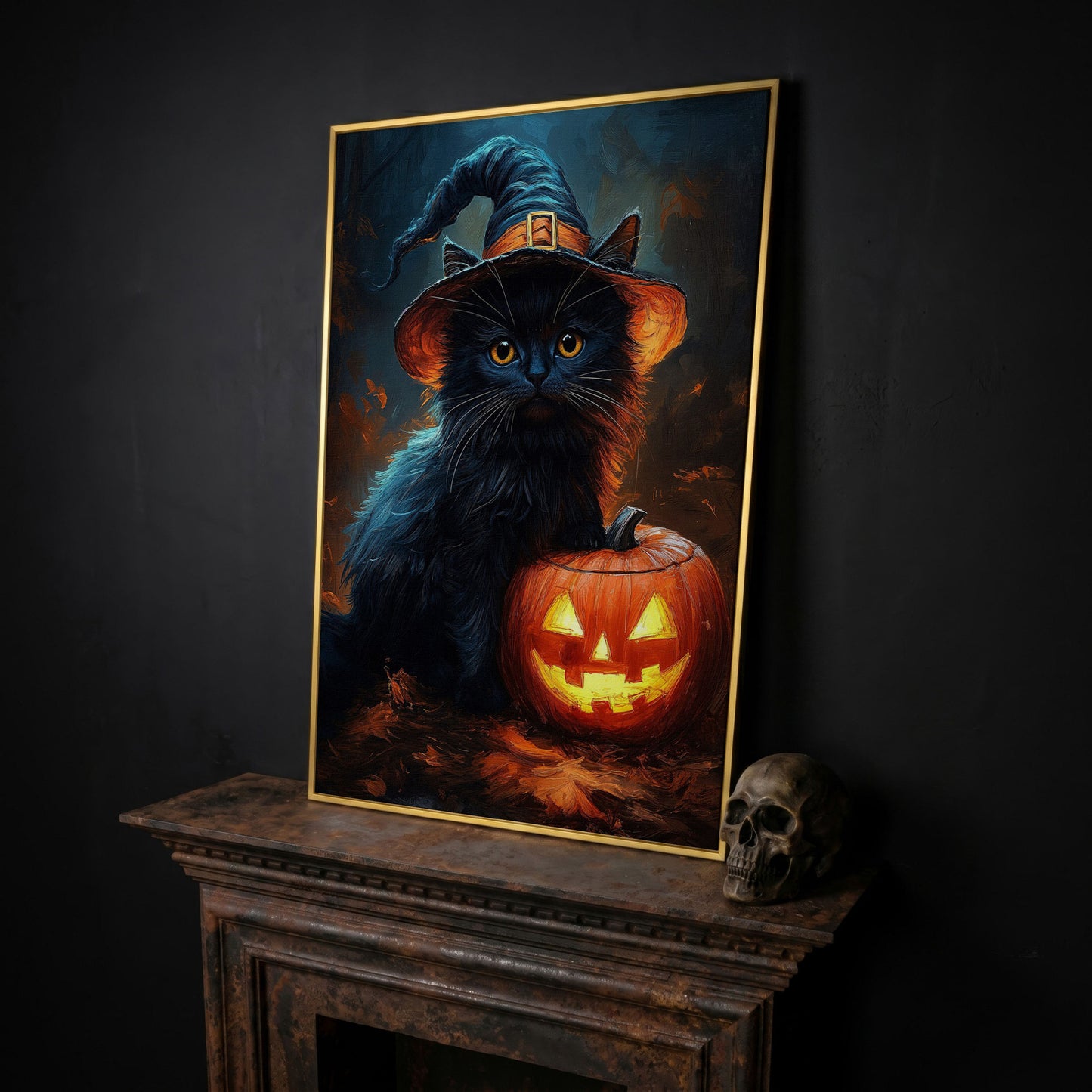 Black Cat in Witch Hat with Jack-o'-Lantern Canvas Art in yellow gold floating frame