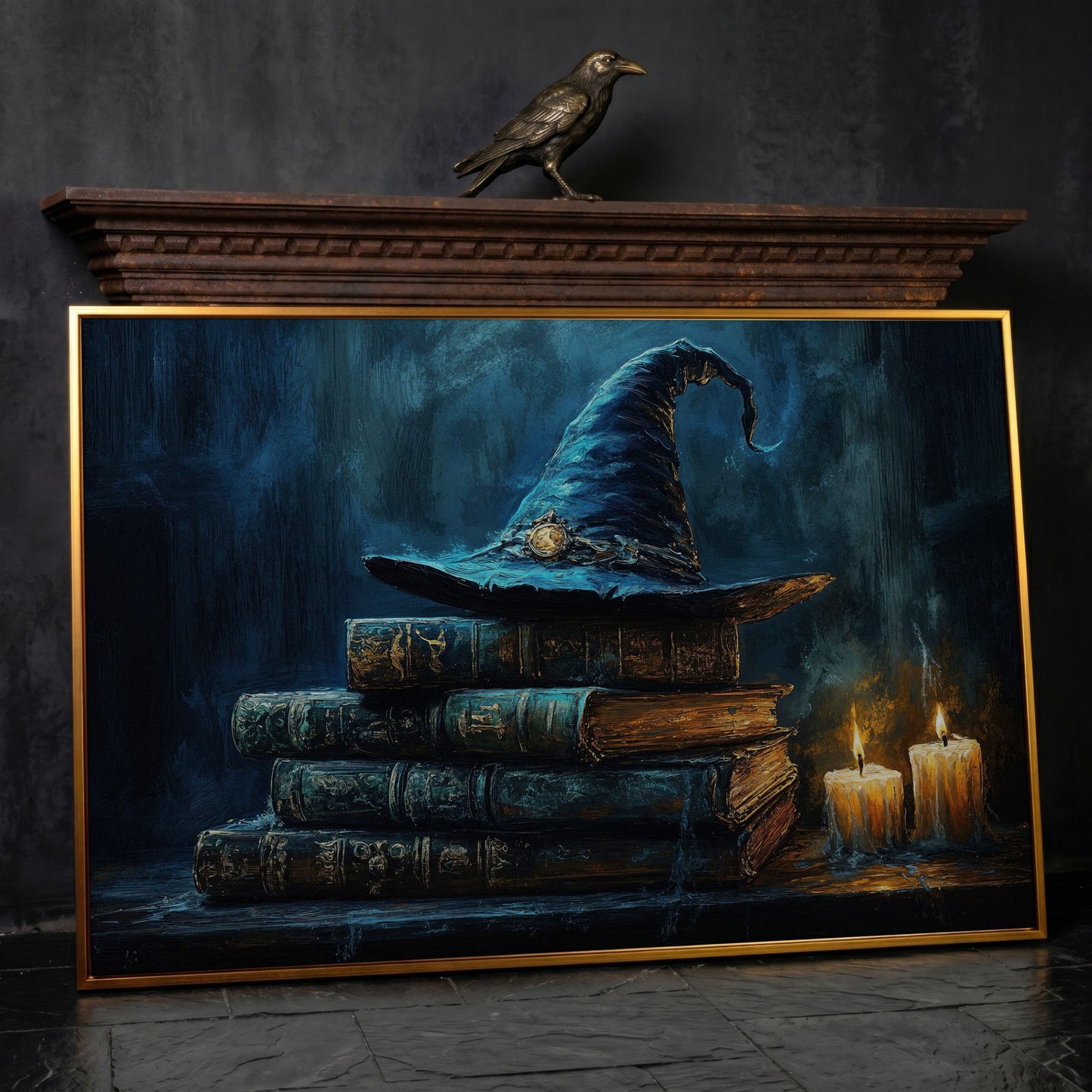 Witch Hat on Old Books with Candles. Gothic Fantasy Canvas Art in antique gold floating frame