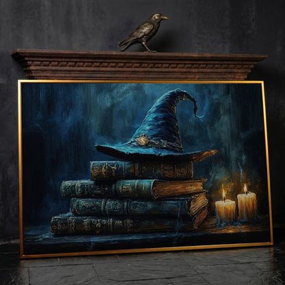 Witch Hat on Old Books with Candles. Gothic Fantasy Canvas Art in antique gold floating frame