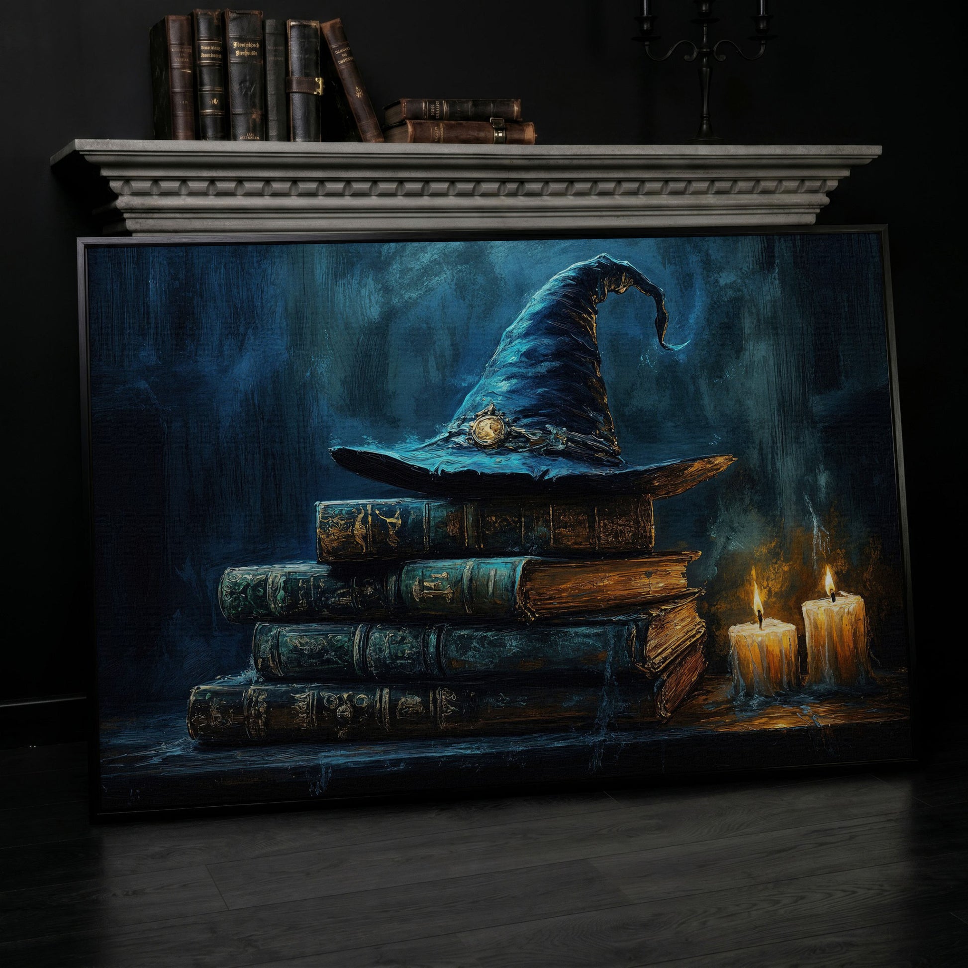Witch Hat on Old Books with Candles. Gothic Fantasy Canvas Art in black floating frame