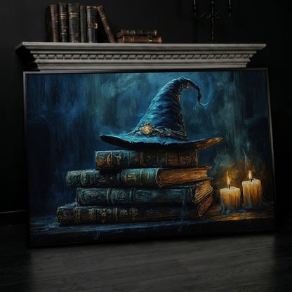 Witch Hat on Old Books with Candles. Gothic Fantasy Canvas Art in black floating frame