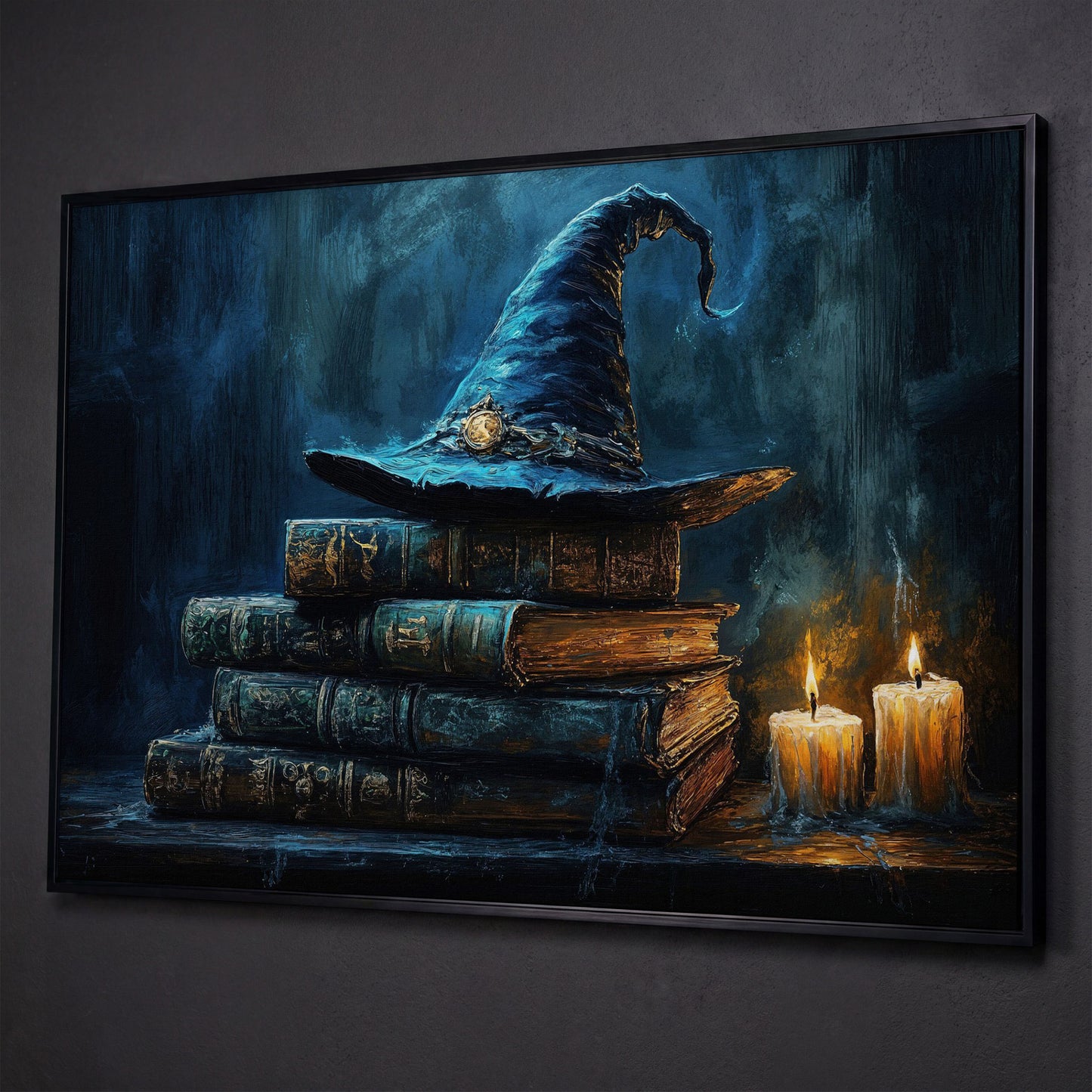 Witch Hat on Old Books with Candles. Gothic Fantasy Canvas Art shown in black floating frame