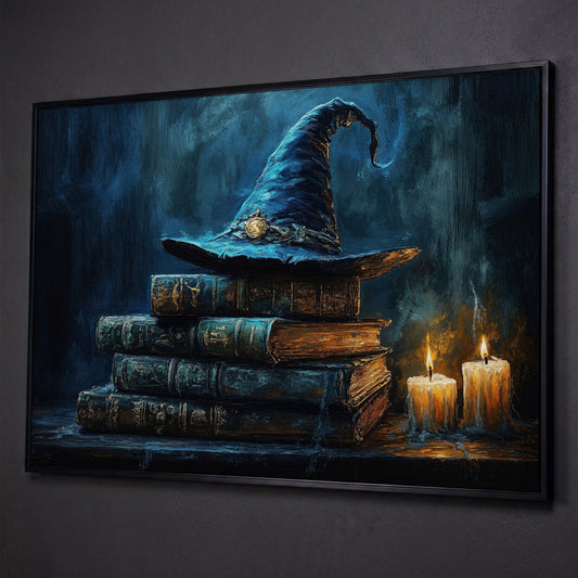 Witch Hat on Old Books with Candles. Gothic Fantasy Canvas Art shown in black floating frame