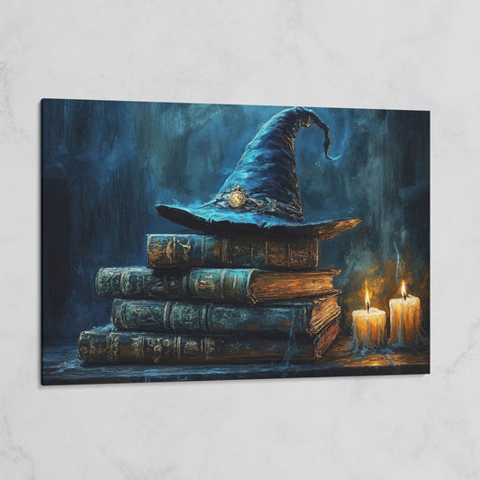 Witch Hat on Old Books with Candles. Gothic Fantasy Canvas Art on gallery wrap