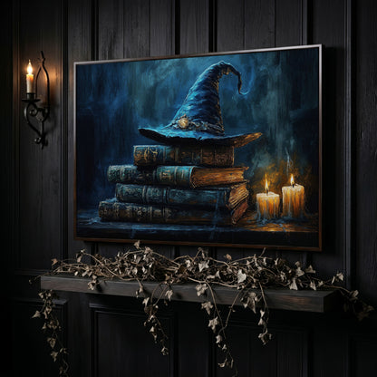 Witch Hat on Old Books with Candles. Gothic Fantasy Canvas Art in dark walnut floating frame