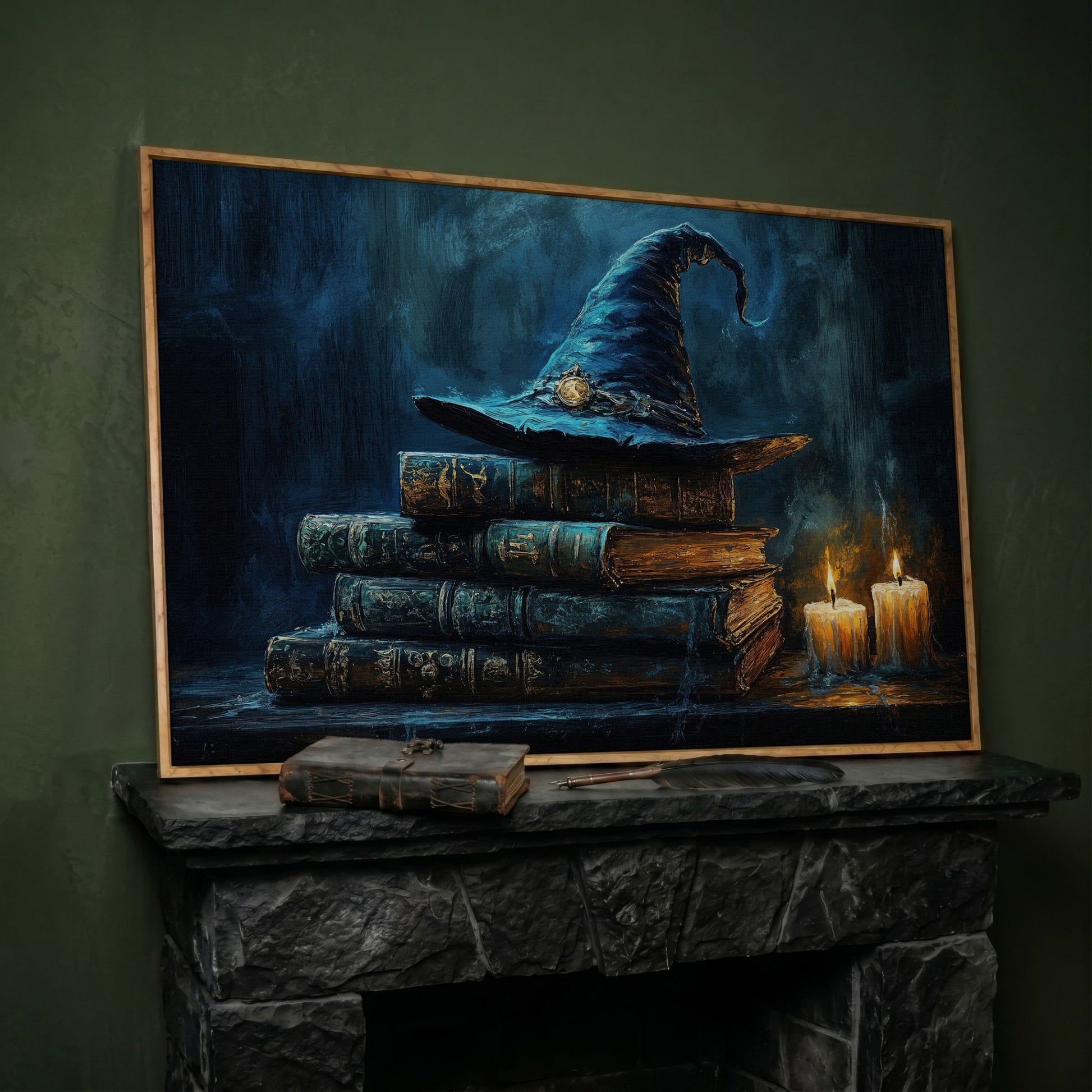Witch Hat on Old Books with Candles. Gothic Fantasy Canvas Art in white oak floating frame