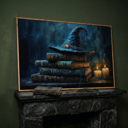 Witch Hat on Old Books with Candles. Gothic Fantasy Canvas Art in white oak floating frame