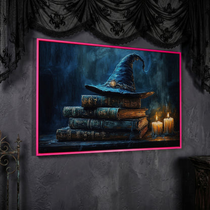 Witch Hat on Old Books with Candles. Gothic Fantasy Canvas Art in pink floating frame