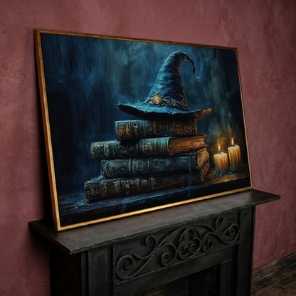 Witch Hat on Old Books with Candles. Gothic Fantasy Canvas Art in rose gold floating frame