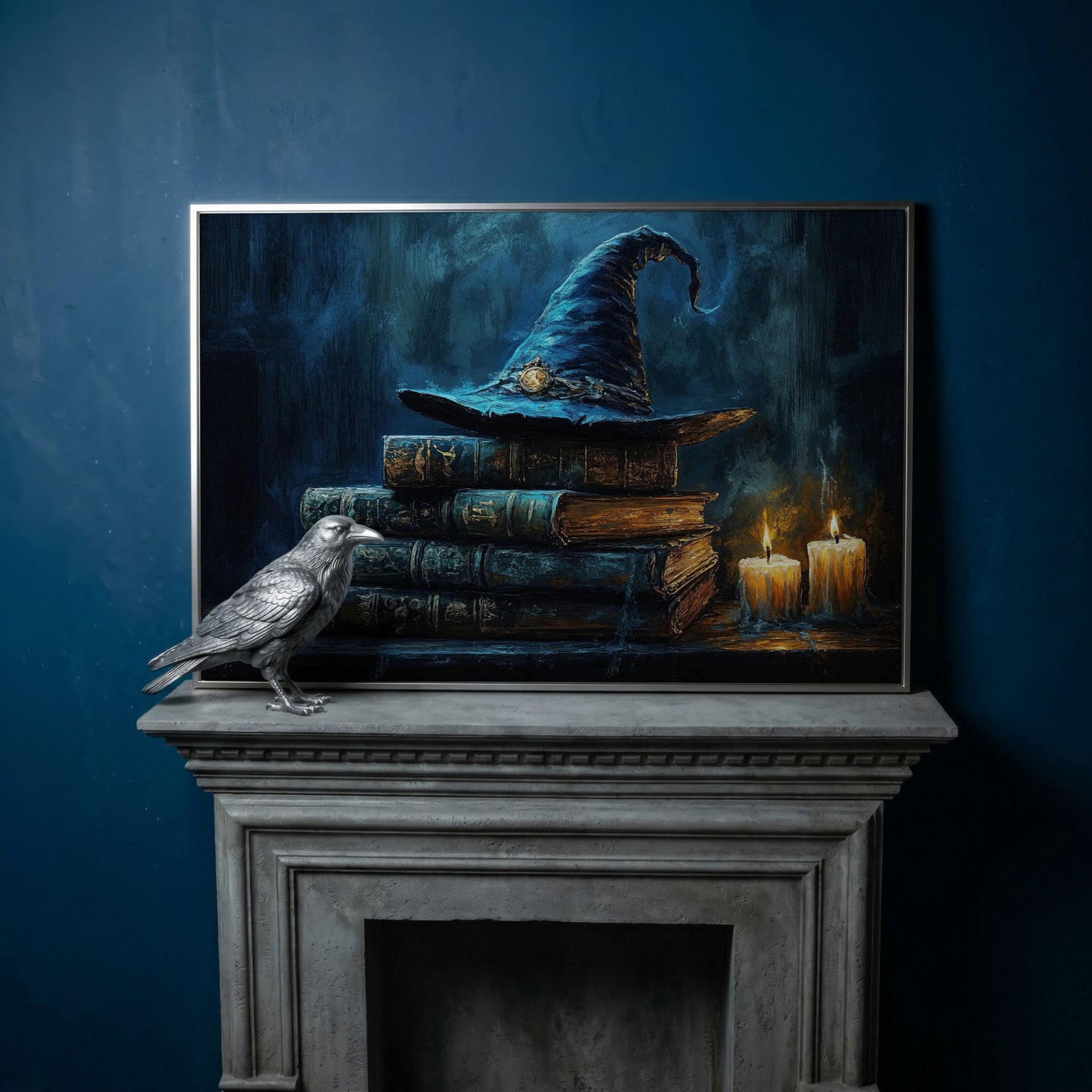 Witch Hat on Old Books with Candles. Gothic Fantasy Canvas Art in silver floating frame