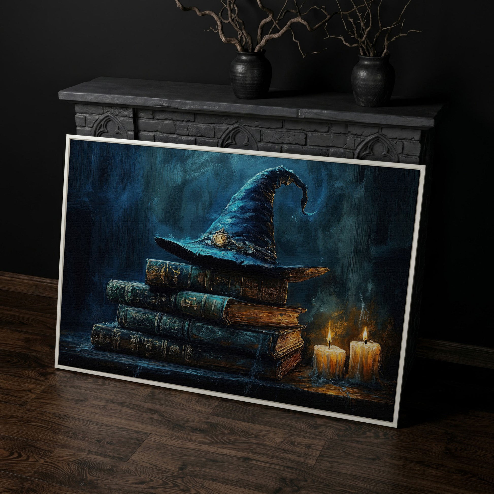 Witch Hat on Old Books with Candles. Gothic Fantasy Canvas Art in white floating frame